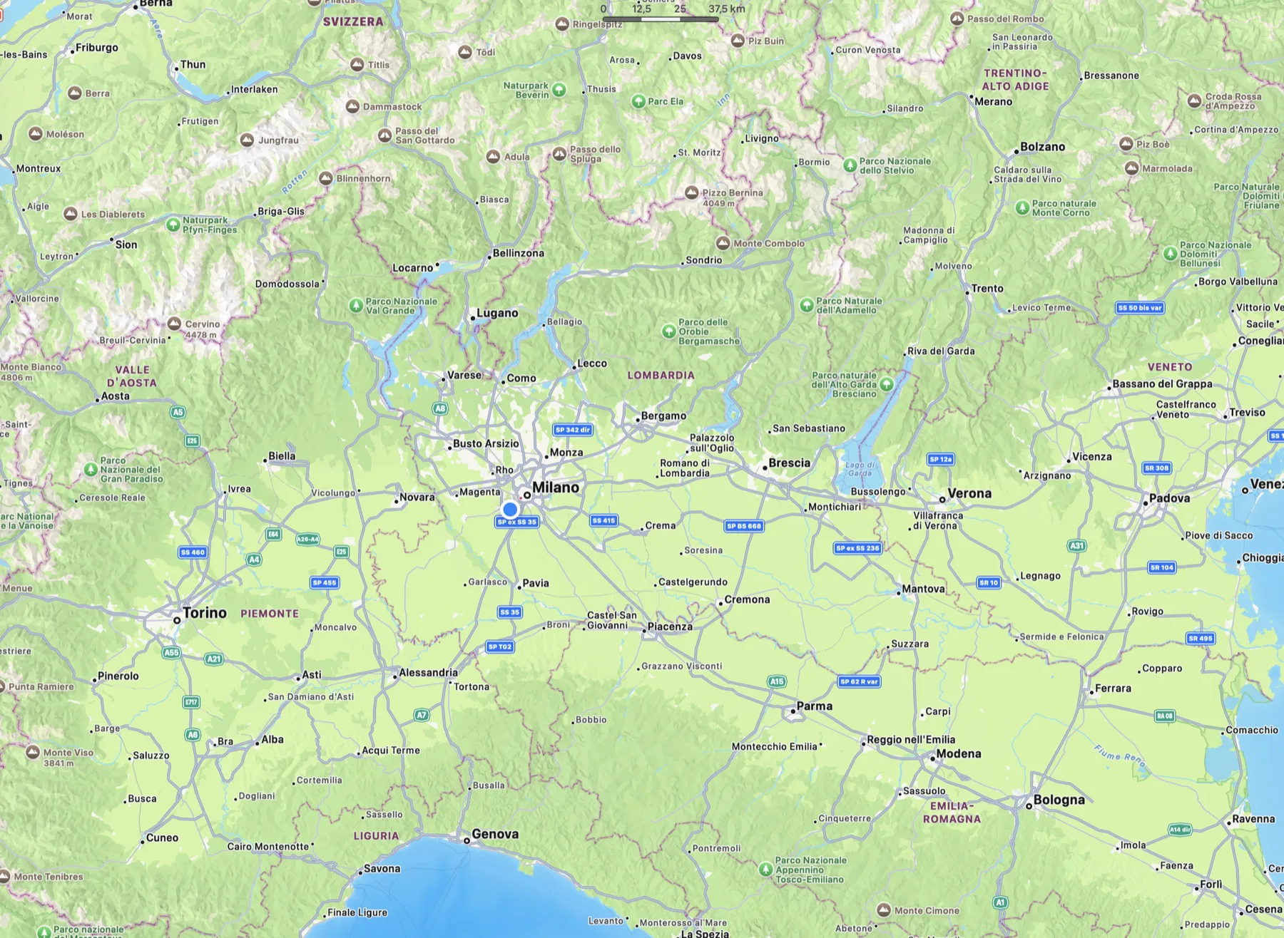 Mappa geografica del Nord Italia